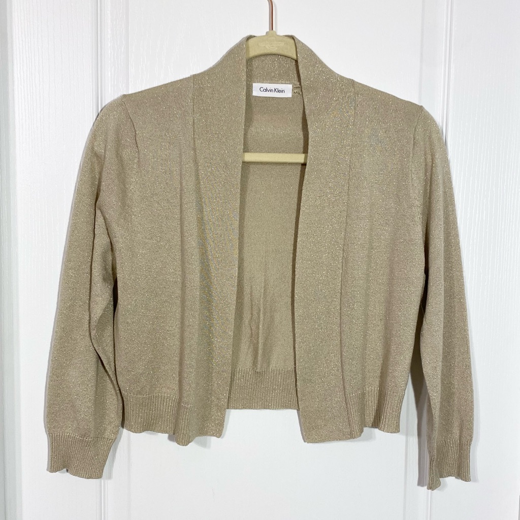 Calvin Klein Gold Metallic Knit Cropped Open Front Cardigan Medium